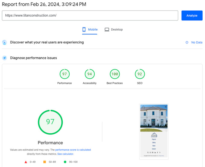 Google page load performance on mobile 97 percent